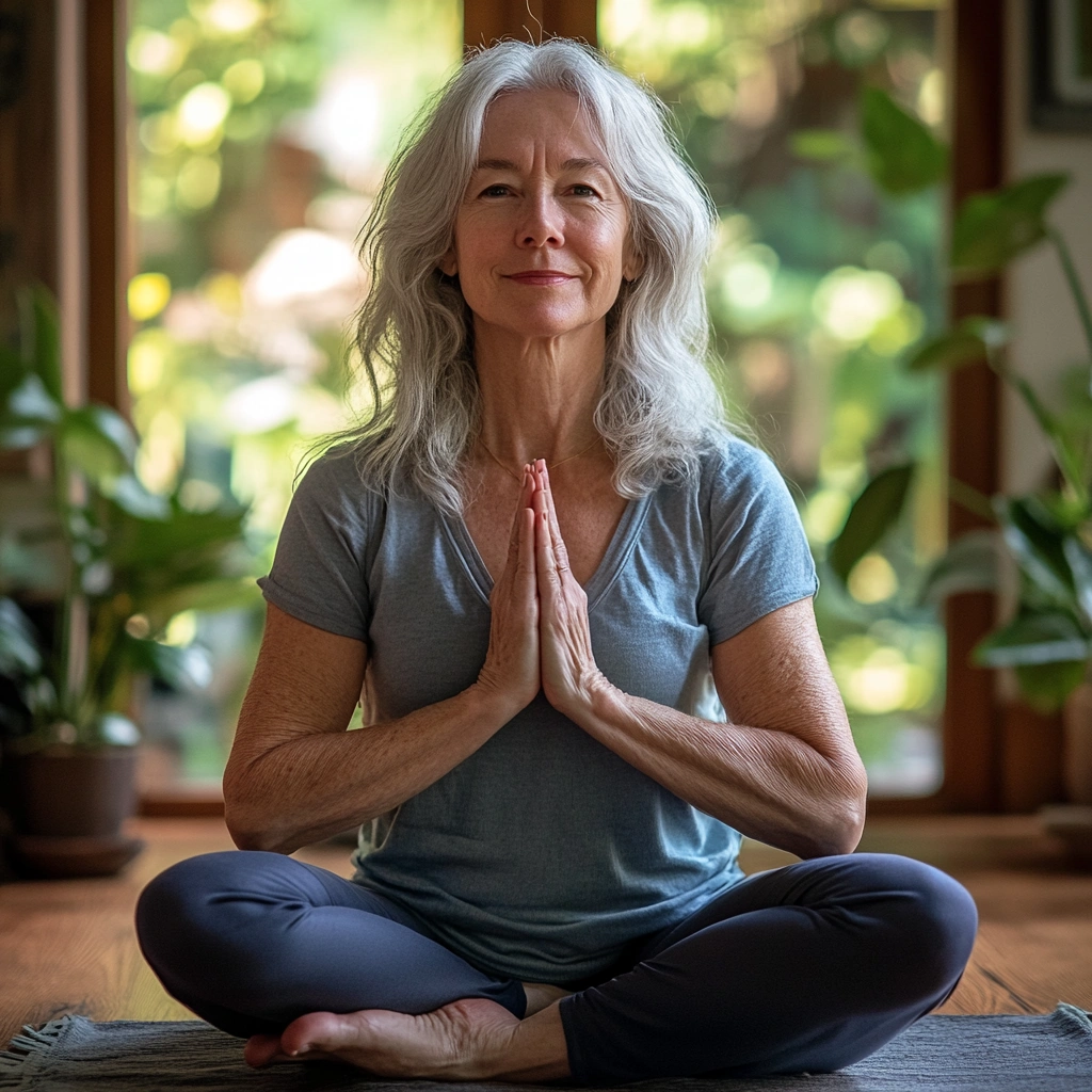 Старша жінка практикує йогу в затишному просторі